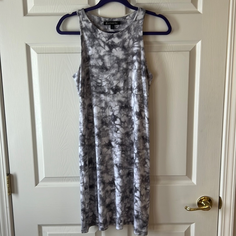 Athleta Santorini High Neck Marbled Tie Dye Tank Dress‎ Gray & White, Sz Small
